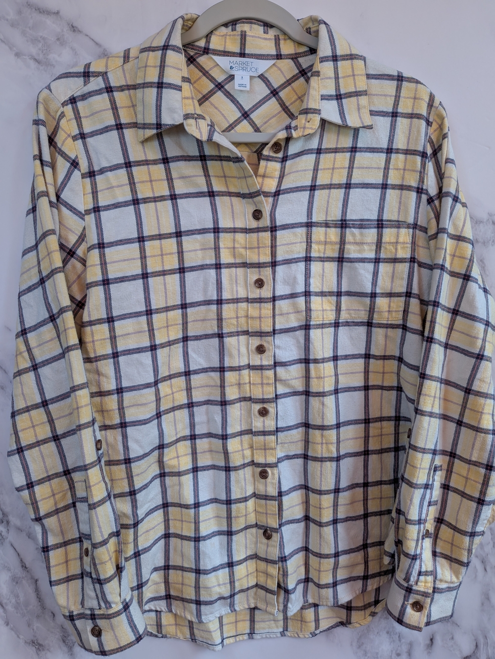Yellow Cream Plaid 100% Cotton Flannel Shirt S Cottagecore Preppy